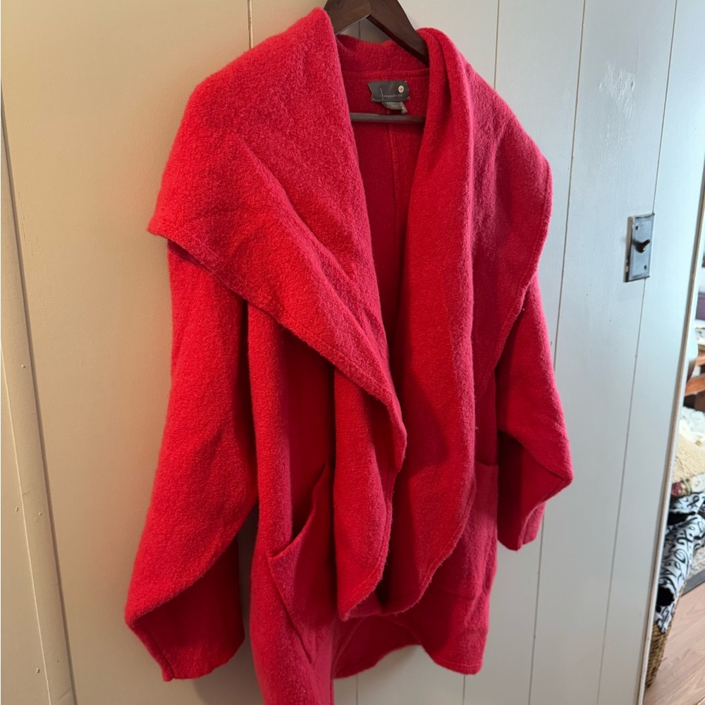 Anthropologie Red Oversized Cardigan with Waterfall Collar